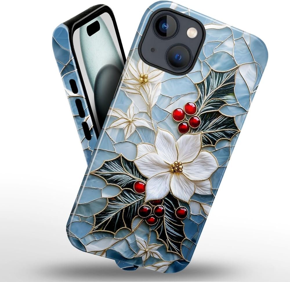 Case for iPhone 14 Plus - Slim Fit Anti-Scratch Phone Case for Girl Women - Christmas Holly Elegant Winter Floral (Glossy)