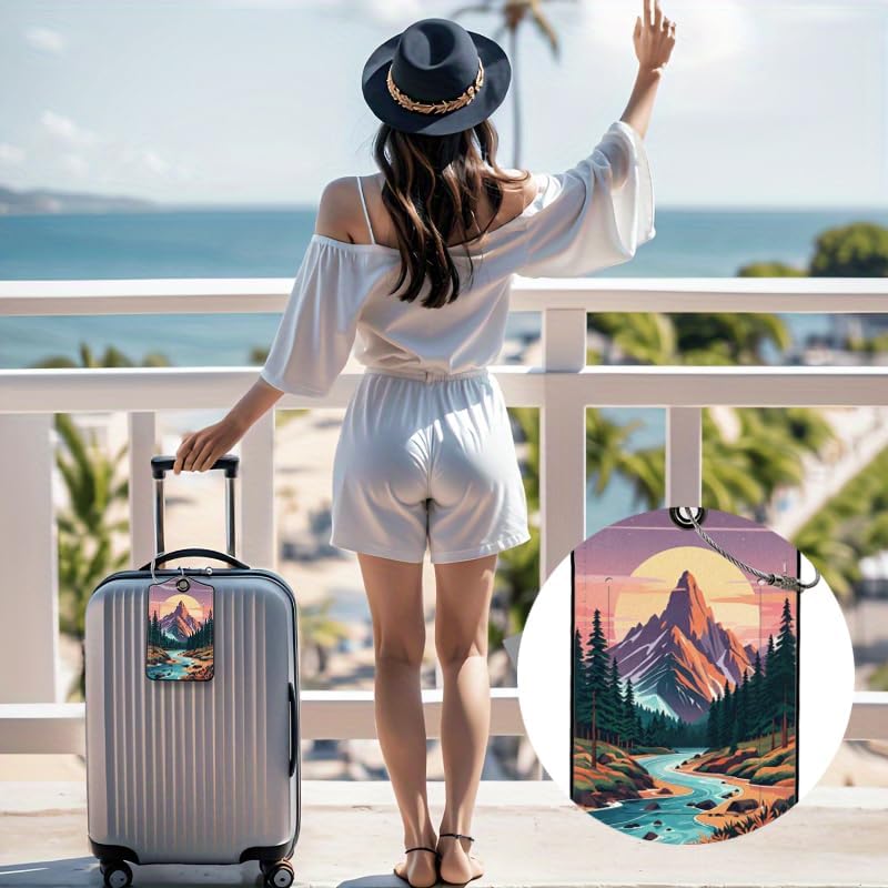 2 Pack Mountain Leather Luggage Tags for Suitcases, Travel Bag Tags with Privacy Cover ID Label with Stainless Steel Loop for Women Men Girls Backpack Gift (Green Purple)