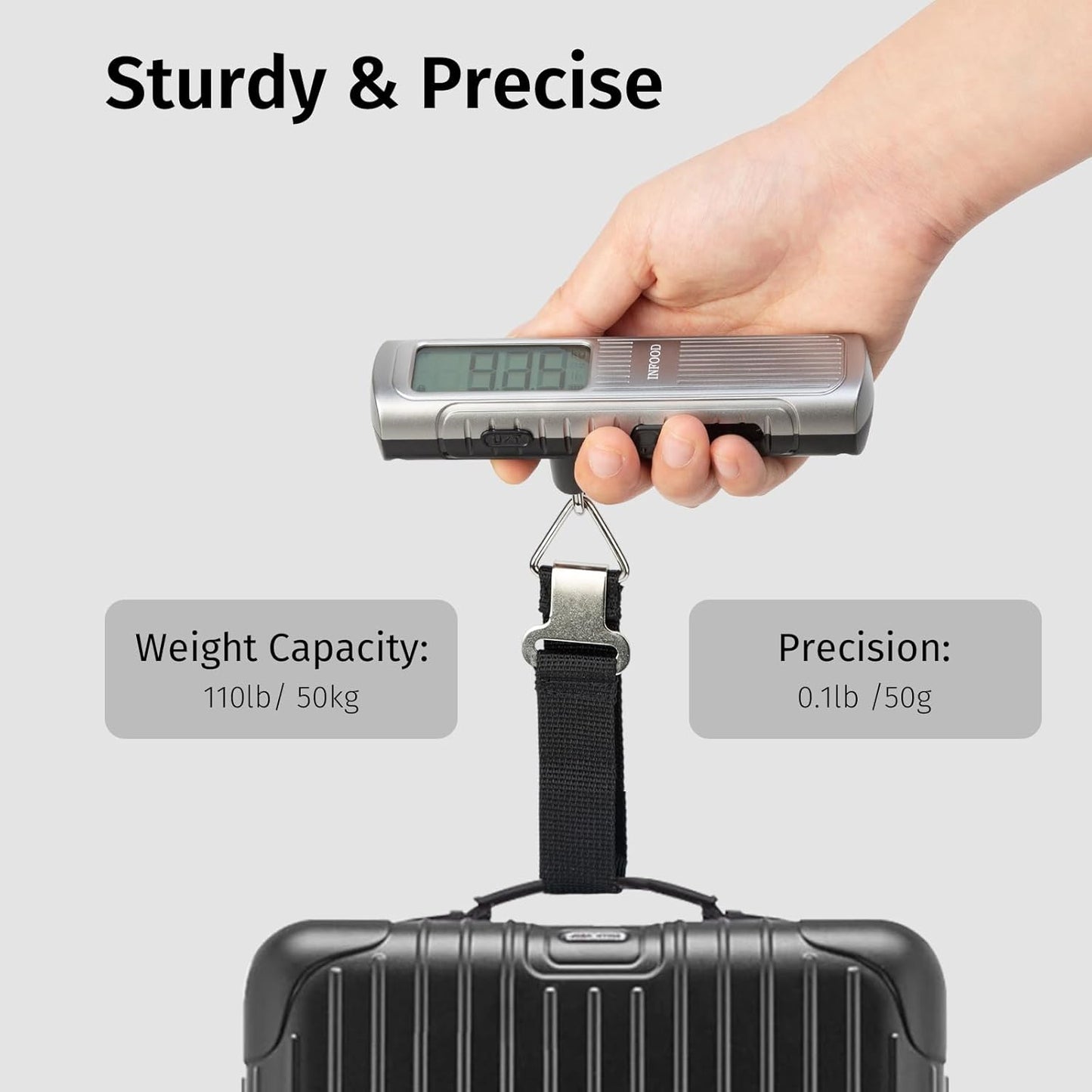Battery-Free Digital Luggage Scale, Suitcase Scale for Travel, Portable Luggage Weight Scale with Hook & LCD Display for Luggages, Packages & Bags, 110lb/50kg Handheld Scale, Silver