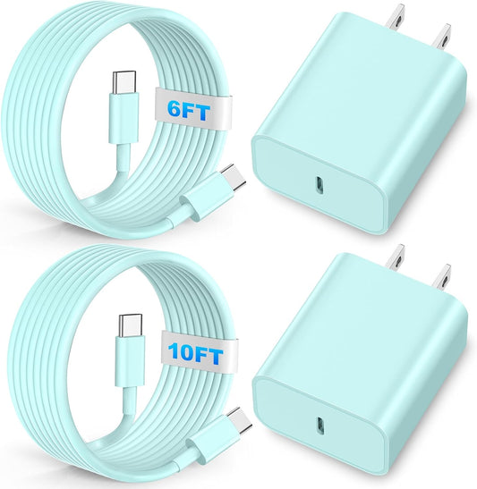 Compatible with iPhone 16 15 17 Charger, 2Pack 20W Fast Charging Wall Charger Block Cubes with 6/10Ft USB C to USB C Cable Compatible with iPhone 15 16 17 Plus/Pro Max/iPad Pro - Green