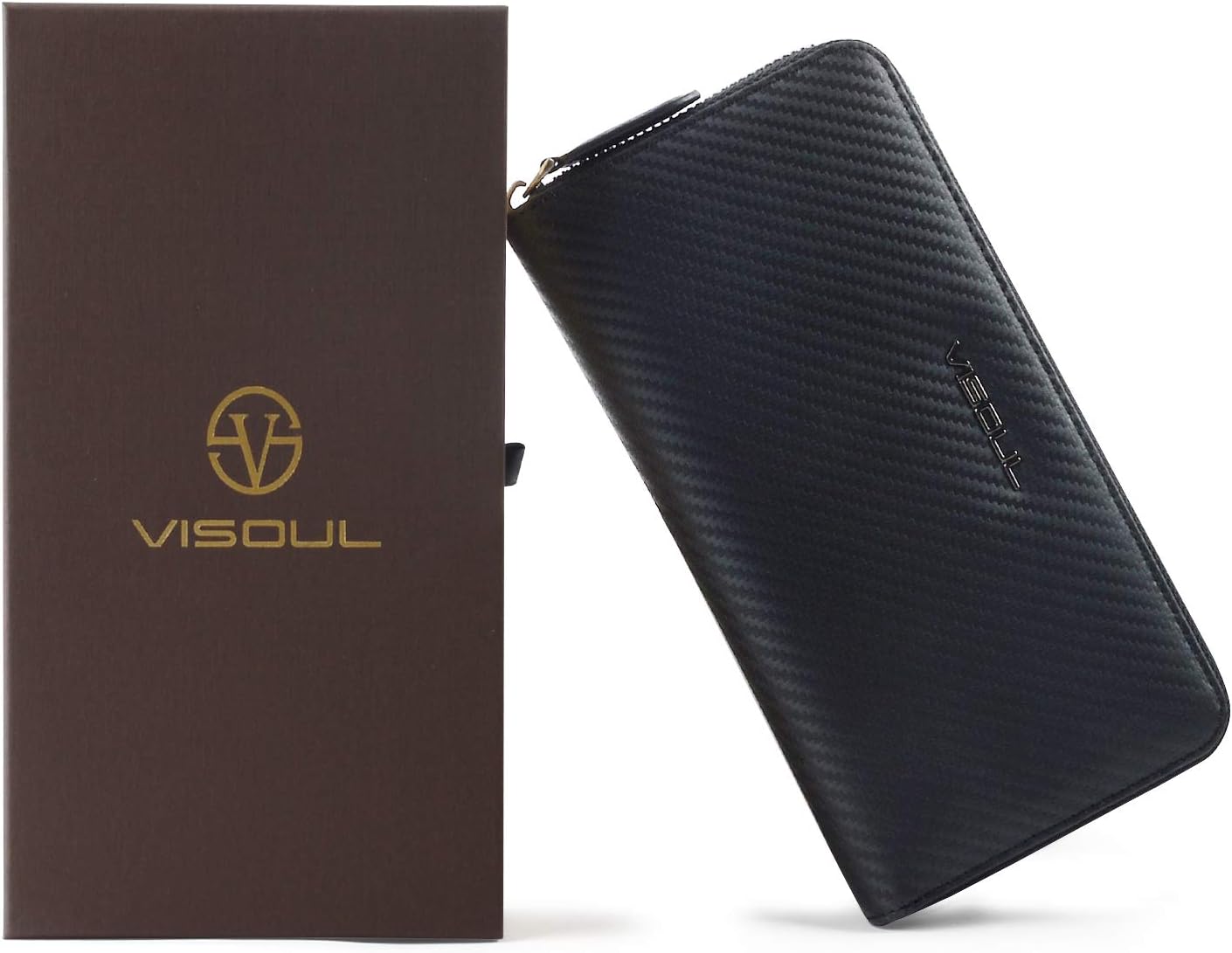 VISOUL Leather Long Zippered Pouch Wallet for Men with RFID Blocking, Large Carbon Fiber Leather Clutch Cash Long Wallet with Zipper (Black+Black)