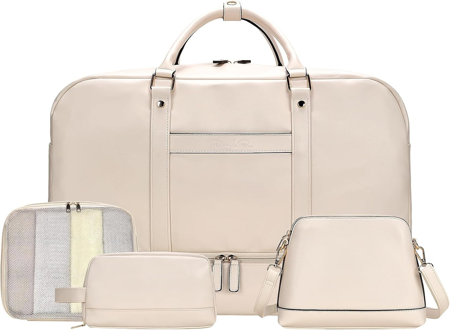 4PCS Leather Duffle Bags, Weekender Bag for Women Men, Large Travel Duffel-Overnight Bag with Toiletry, Makeup, Shoulder Bag, Faux Leather Carry On with Shoe Compartment (White)