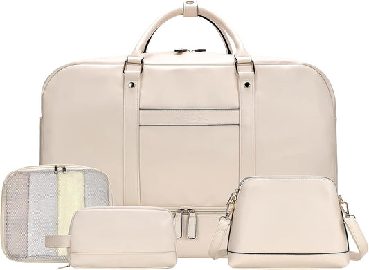 4PCS Leather Duffle Bags, Weekender Bag for Women Men, Large Travel Duffel-Overnight Bag with Toiletry, Makeup, Shoulder Bag, Faux Leather Carry On with Shoe Compartment (White)