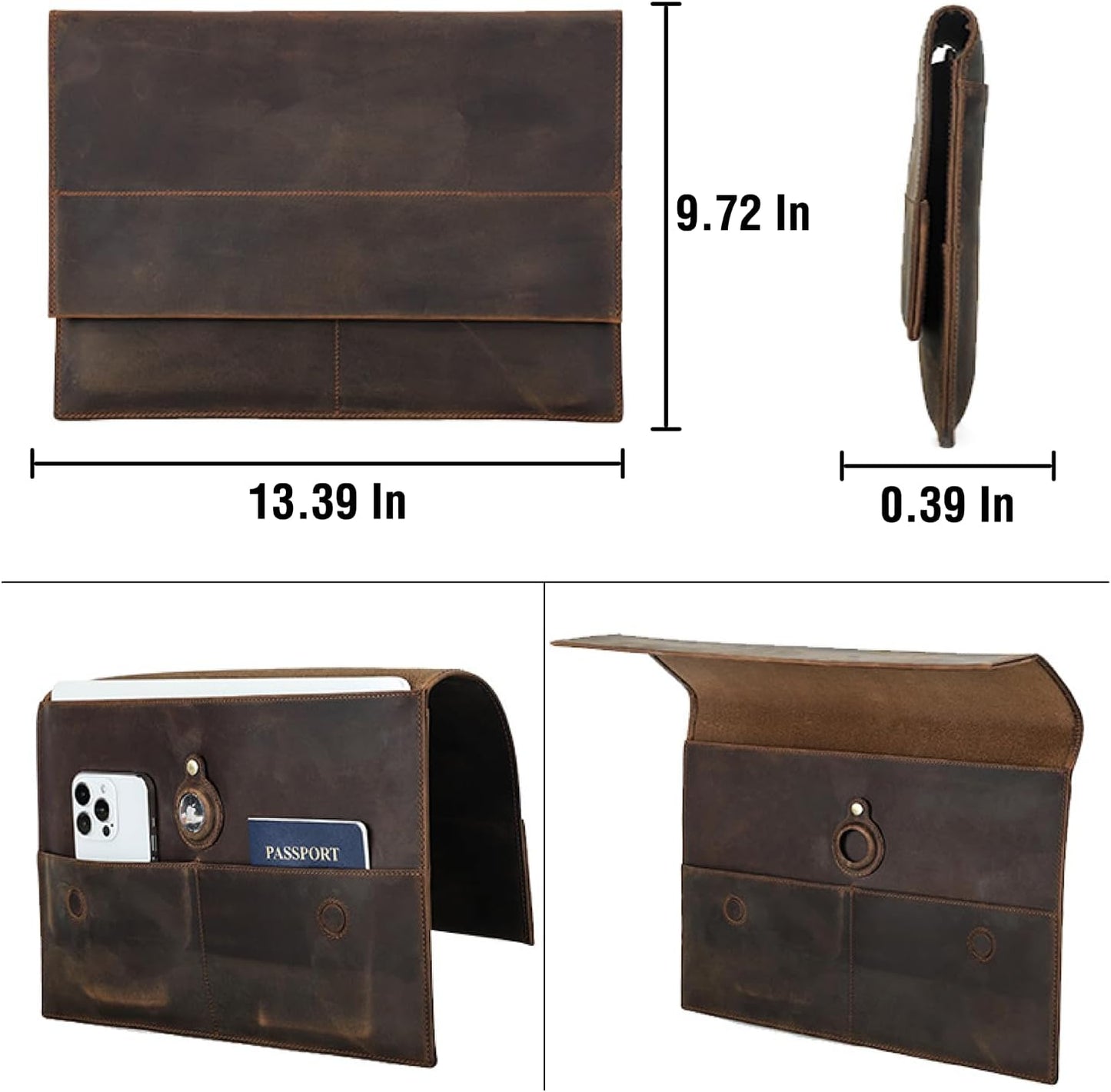Top Grain Leather 13.3" Slim Laptop Sleeve Bag, Magnet Clasp Closure Design & 3 Pockets & Tracker Holder, Handmade, Compatible with MacBook Pro/Air 13.3"/Cellphone/Passport, Coffee 13.3 Inch