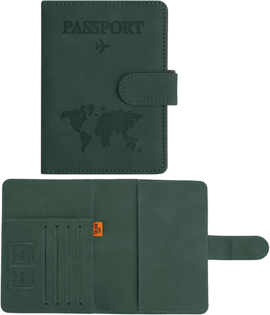 Passport Holder for Travel Essentials, Dark Green Leather Passport Cover, Passport Wallet Holders for Women Men Family Travel Gifts Must Have Accessories, Credit Card Cash Air Ticket Storage Supplies