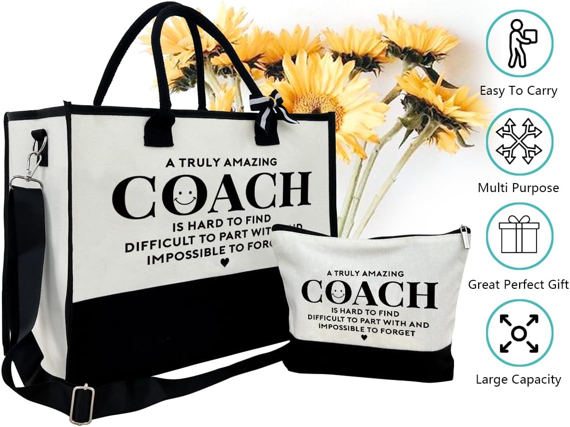 Amazing Coach Tote Bag, Canvas Tote Bag for Women with Zipper Closure, Shoulder Beach Bag, Thank You Gift for Female Coach, Female Trainers Gifts for Women, Makeup Bag