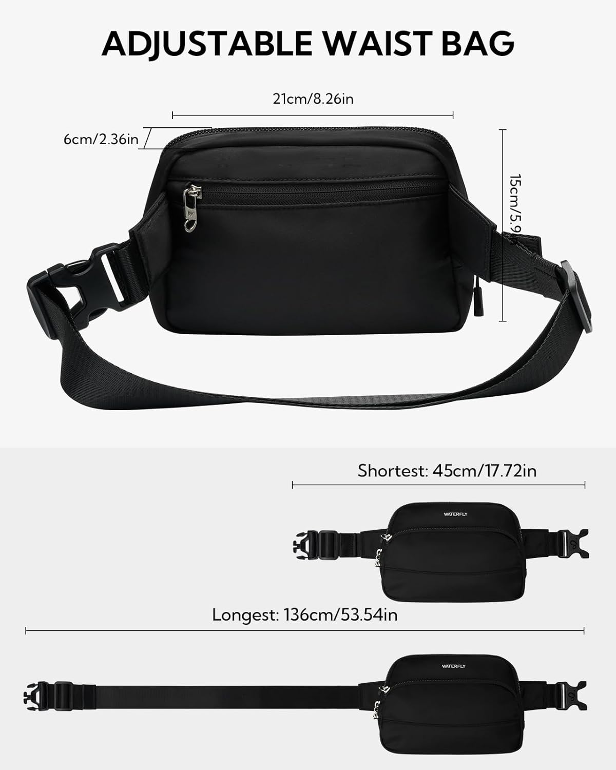 WATERFLY Waist Packs Fanny Pack: 2L Fashion Crossbody Bum Bags for Women Men Casual Waist Bag for Walking Hiking Everywhere