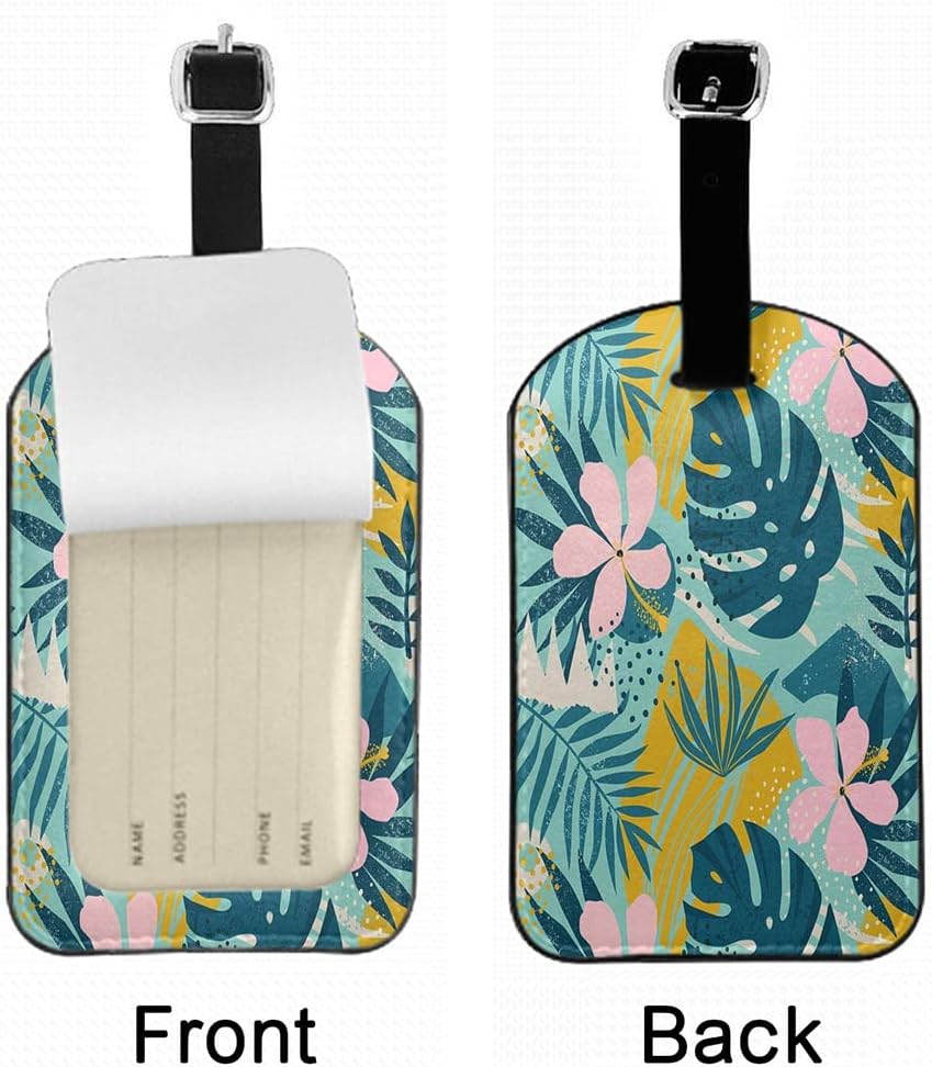 Tropical Flowers Suitcase ID Tag Identifiers Hawaii Palm Leaves Hibiscus Jungle Plants Leather Luggage Tags Travel Bag Tag Fully Bendable Baggage Labels, 1 Pack