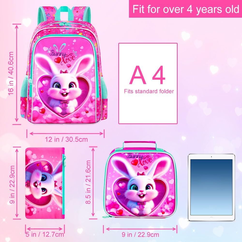 3PCS Girls Backpack, Kids Water Resistant Heart Bookbag Set with Lunch Box, Cute Kids School Bag for Preschool Toddler