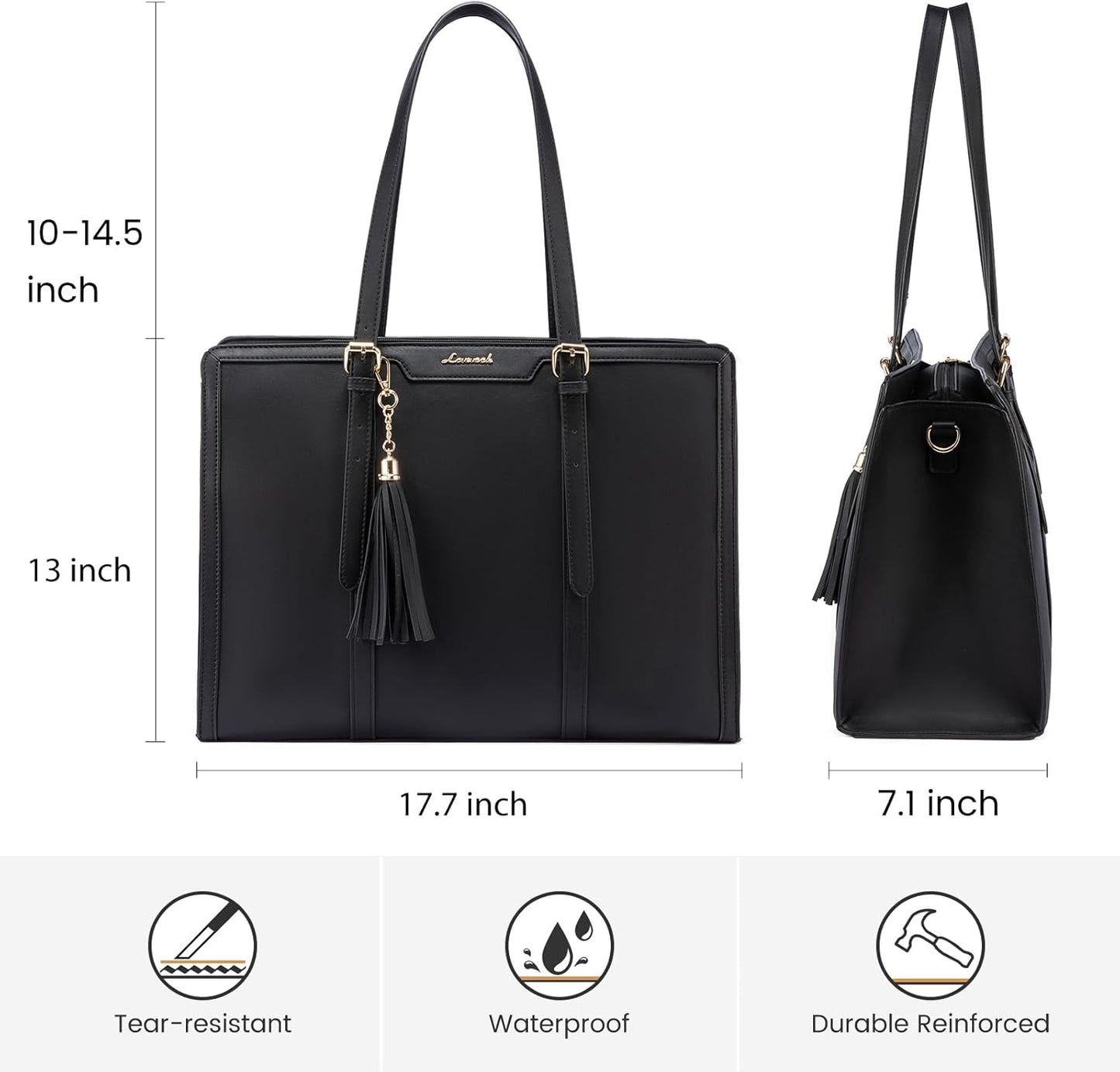 LOVEVOOK Laptop Bag for Women 17.3 Inch Lightweight PU Laptop Tote Bag, Large Capacity Computer bag with Clutch Purse for Business, Work, Office, Travel, School, Casual(Black & Leather)