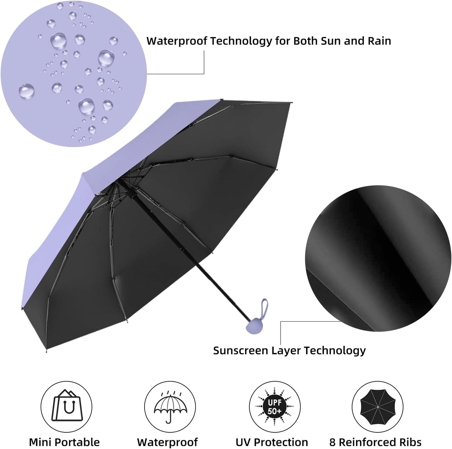 Compact Travel Umbrella, Small Pocket Mini Umbrella for Purse Wallet, UV Sun Rain Umbrellas for Backpack, Portable Folding Umbrellas for Women Kids
