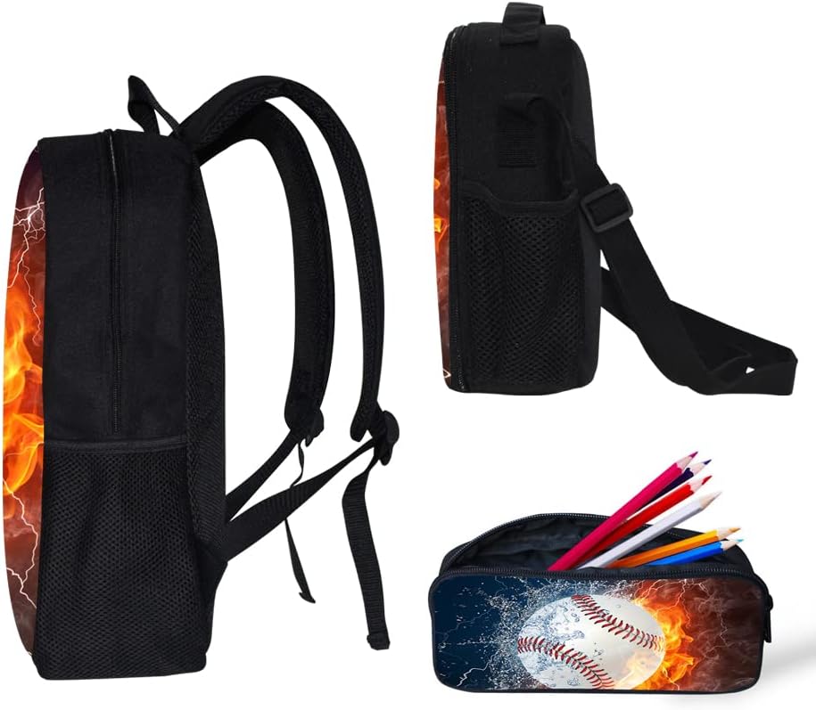Lightweight Backpack for Girls/Boys School Bag with Lunch Bag, Pencil Case 3 in 1 (Baseball)
