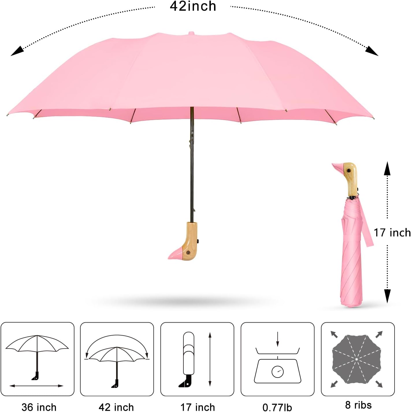 Duck Handle Umbrella Kids - Compact Portable Folding Lightweight Small Strong Wooden Duck Windproof Travel Umbrella for Kids Gifts