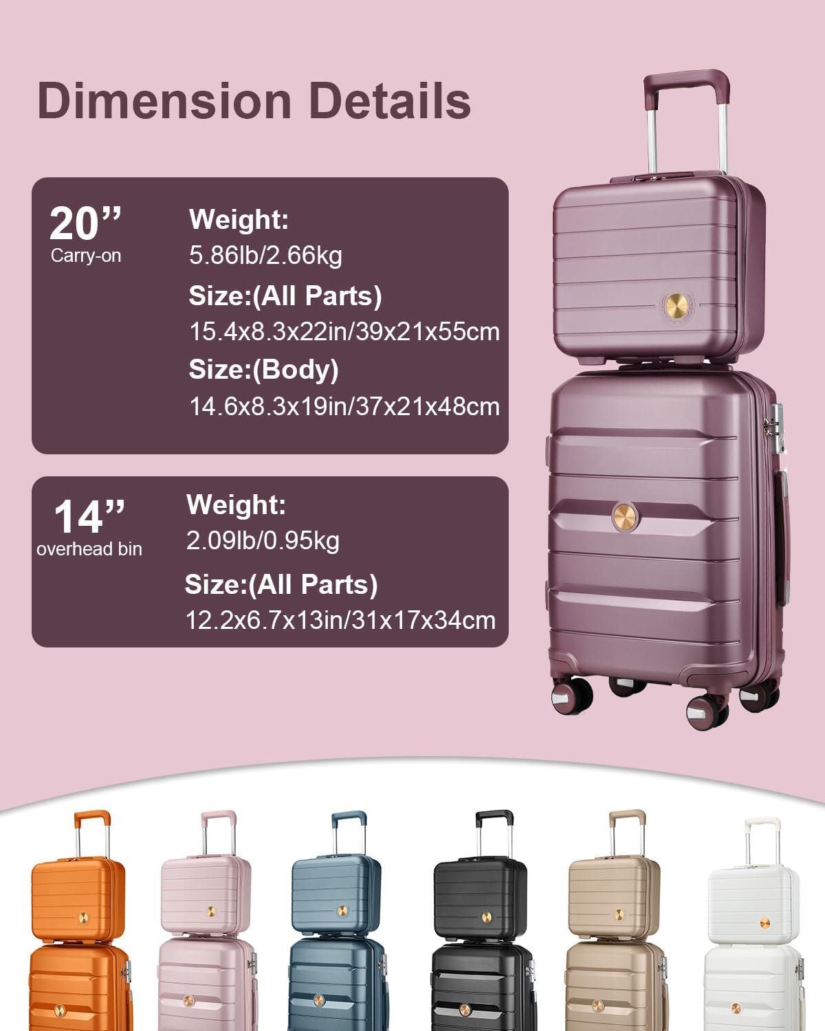Somago 20 Inch Carry On Luggage Sets Hardside Suitcase with Double Spinner Wheels and TSA Lock YKK Zipper (Elegant Purple,14/20)
