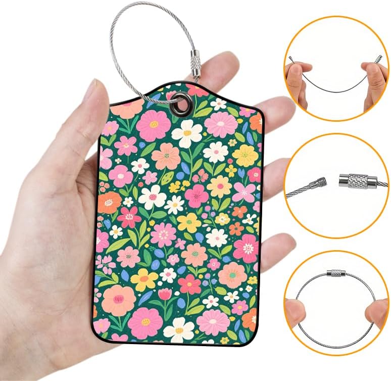2 Pack Wildflower Leather Luggage Tags for Suitcases, Travel Bag Tags with Privacy Cover ID Label with Stainless Steel Loop for Women Men Girls Backpack Gift (Green Pink)