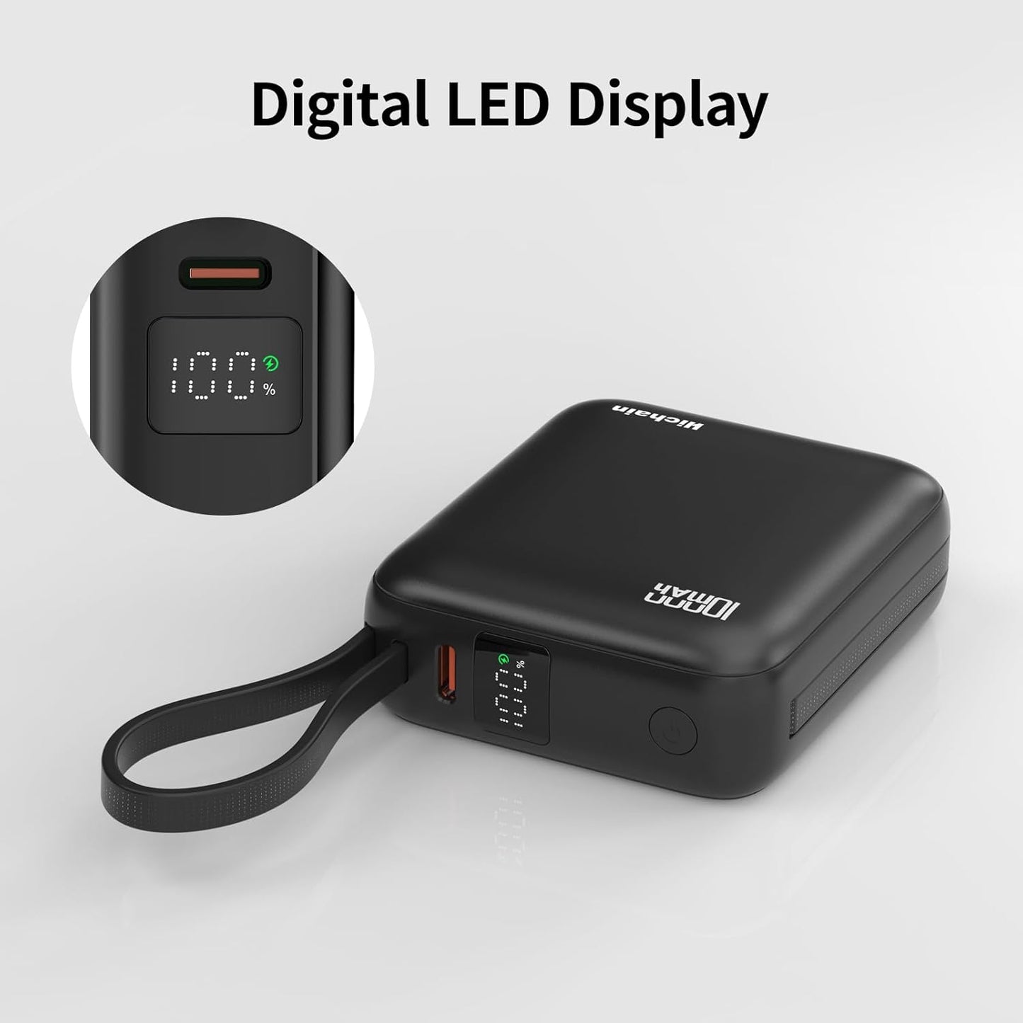 Hichain Small Portable Charger with Built in Cables LED Display, Mini Power Bank 10000mAh 22.5W USB-C Fast Charging Battery Pack, Travel Essential Power Bank for iPhone, iPad, Samsung, Android (Black)
