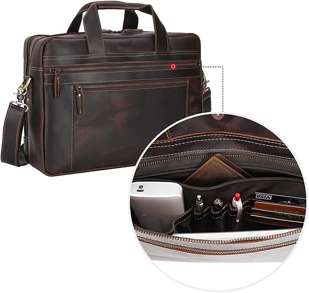 TIDING Genuine Leather Briefcase 17 Inch Laptop Messenger Bags for Men Business Travel Case Shoulder Bag