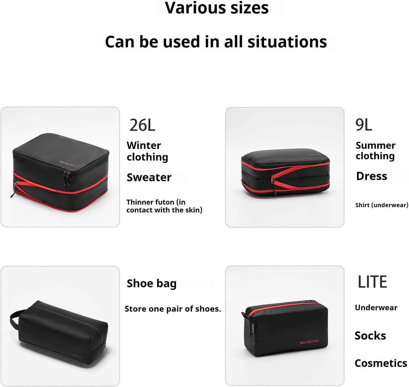 Bee Nesting BeeNesting Waterproof Compression Packing Cubes 5/6/8 sets, Large Travel Packing organizers for Carry on Luggage, 2 Sides Expandable Storage Bags (Black Red, S+M+XL+Lite)