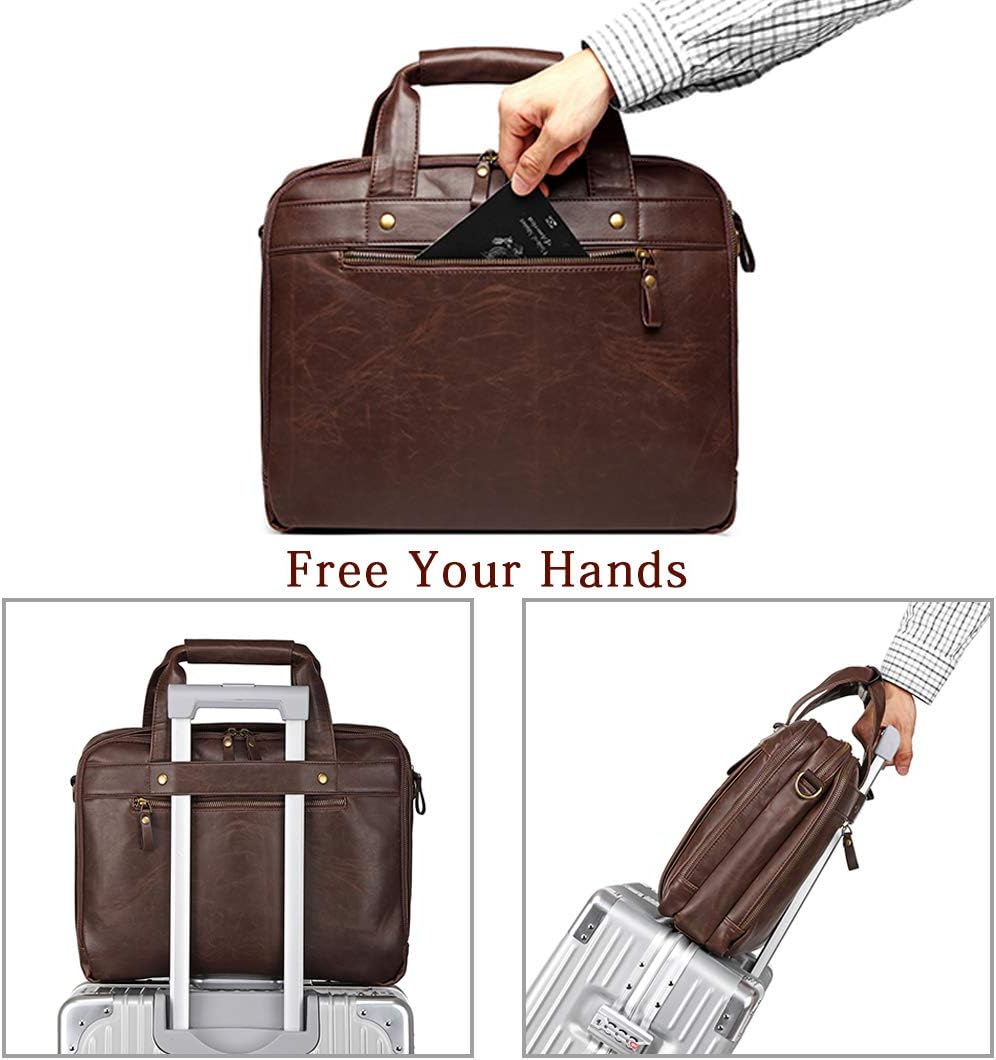 Bosidu Leather Briefcases for Men 15.6 Inch Laptop Messenger Bag with Triple Compartments Water-Resistant Computer Shoulder Bag for Business, Travel, Work, Office, Brown