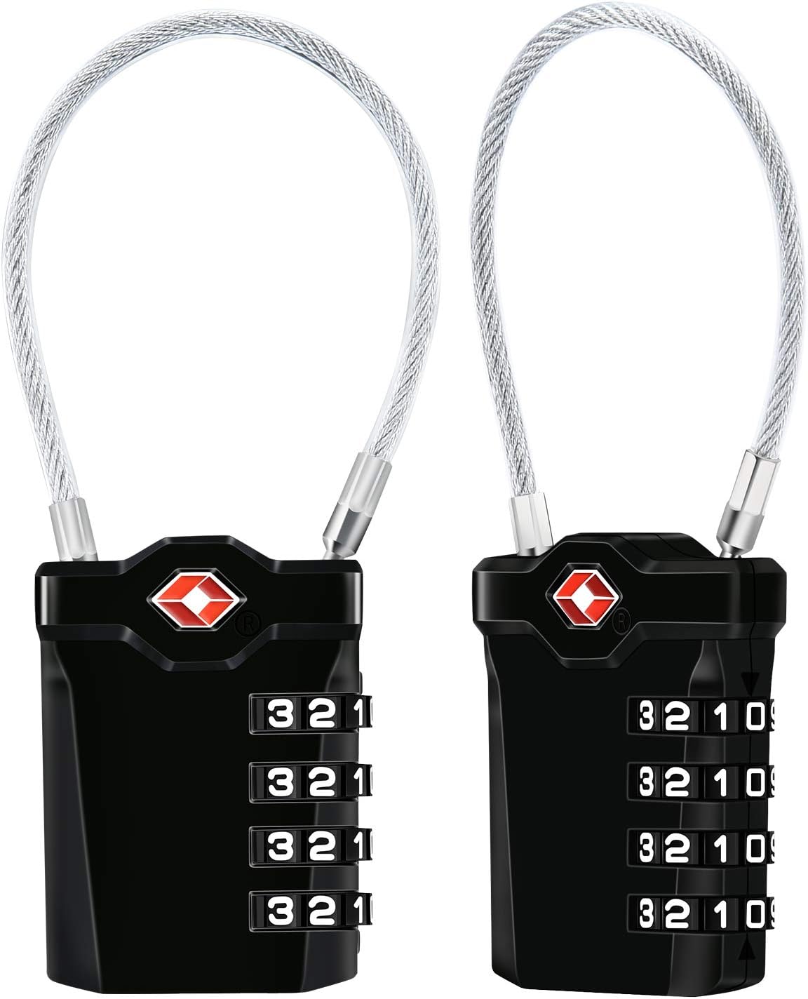 Diyife TSA Luggage Locks, 2 Packs, 4-Digit Combination Lock Security Padlock Travel Lock, with 14cm Flexible Cable for Suitcase Luggage Backpack School or Gym Cabinet, etc. (Black)