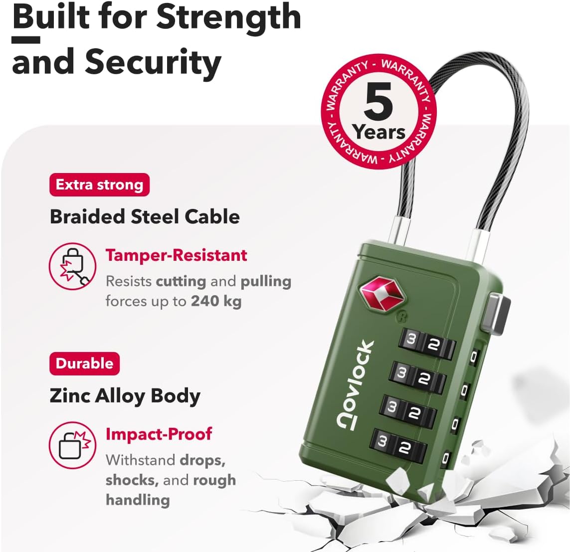 TSA Approved Luggage Locks | Inspection Indicator, 4-Digit Combination, Durable Zinc Alloy | for Suitcases, Backpacks, Travel Bags | Green, 2-Pack