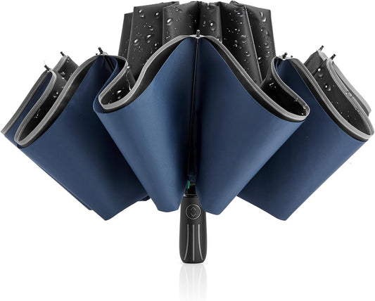 G4Free 54 Inch Large Double Layer Inverted Umbrella, 12 Ribs Compact Windproof Automatic Folding Reverse Umbrella with Reflective Strip for rain