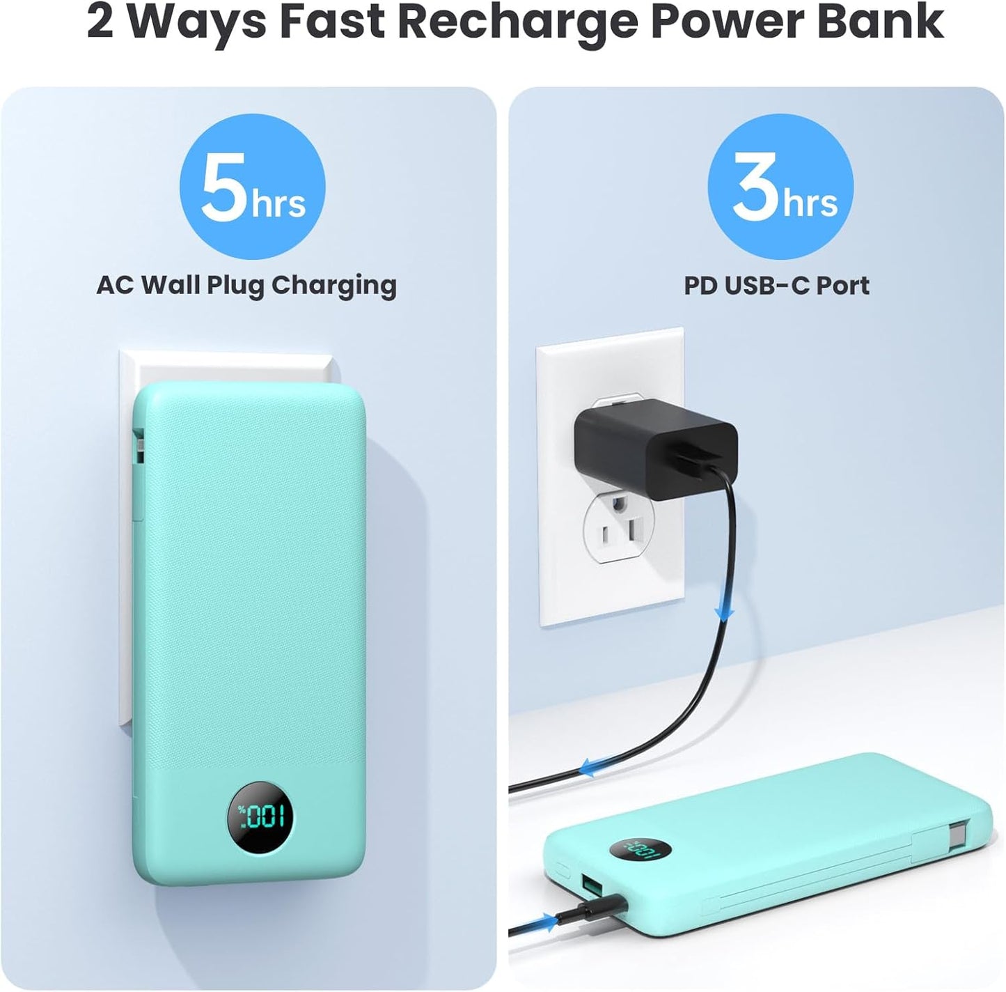 Portable Charger 13800mAh Slim USB C Power Bank with Built in Cables and Wall Plug,LCD Display Lightweight Travel Battery Pack,PD Fast Charging Compatible with iPhone 17,16,Samsung Android-Green