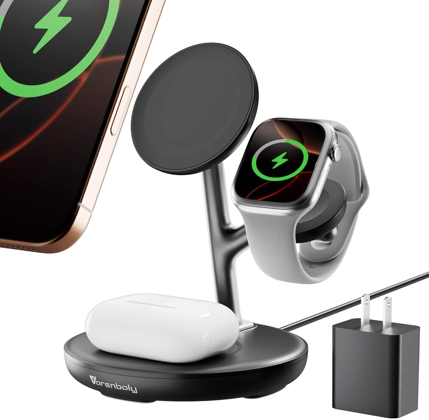 3 in 1 Wireless Charging Station for Multiple Devices Apple 17 Magsafe Charger Stand, Mag-Safe Wireless Charger Dock for iPhone Apple Watch Airpods Nignt Stand Charging Dock(Black)