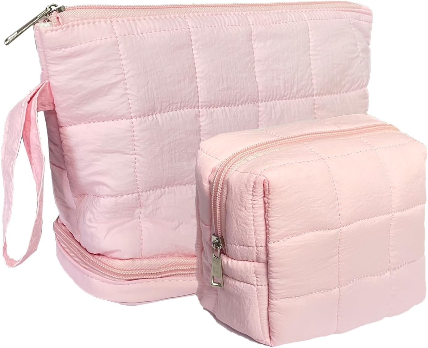 Pink Puffy Puffer Makeup Bag for Purse Small Makeup Pouch Quilted Cosmetic Bag Cute Cotton Toiletry Pouch Bag for Women
