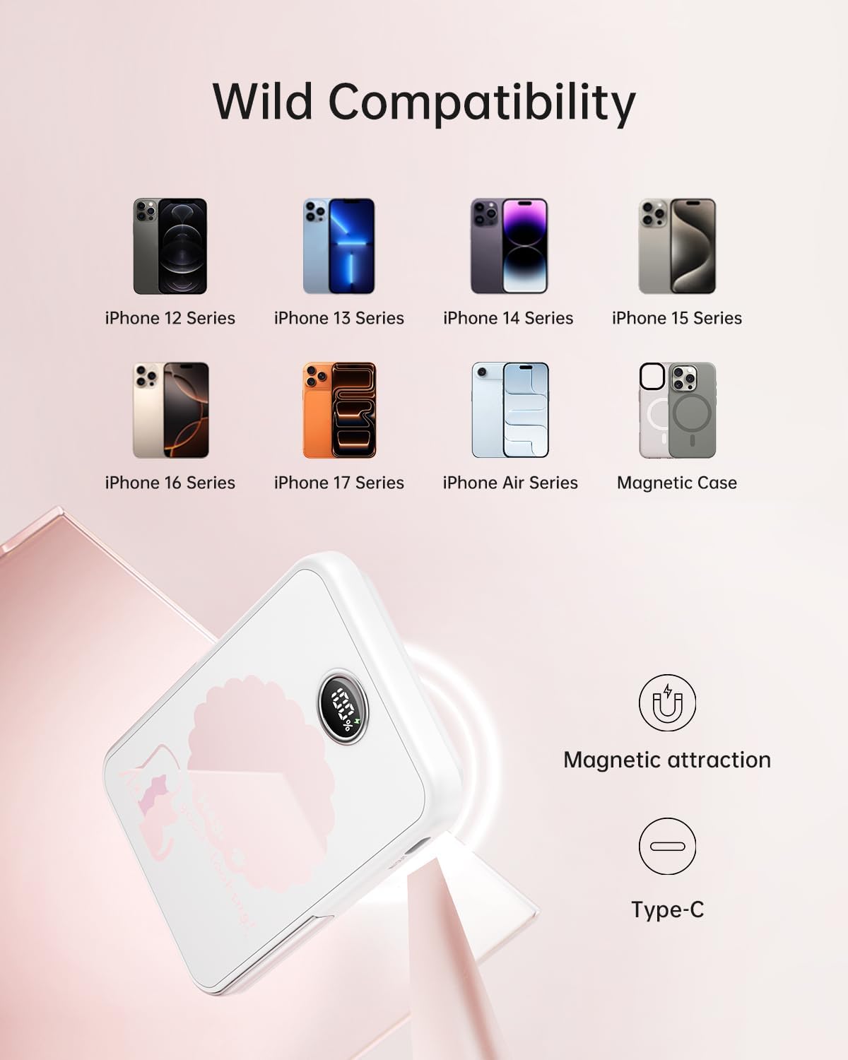 iWALK Magnetic Portable Charger 5,000mAh, Wireless Power Bank with Mirror & Foldable Stand, Ultra Slim Battery Pack with USB-C Cable, MagSafe Compatible for iPhone 17/16/16 Plus/16 Pro/15/14/13/12