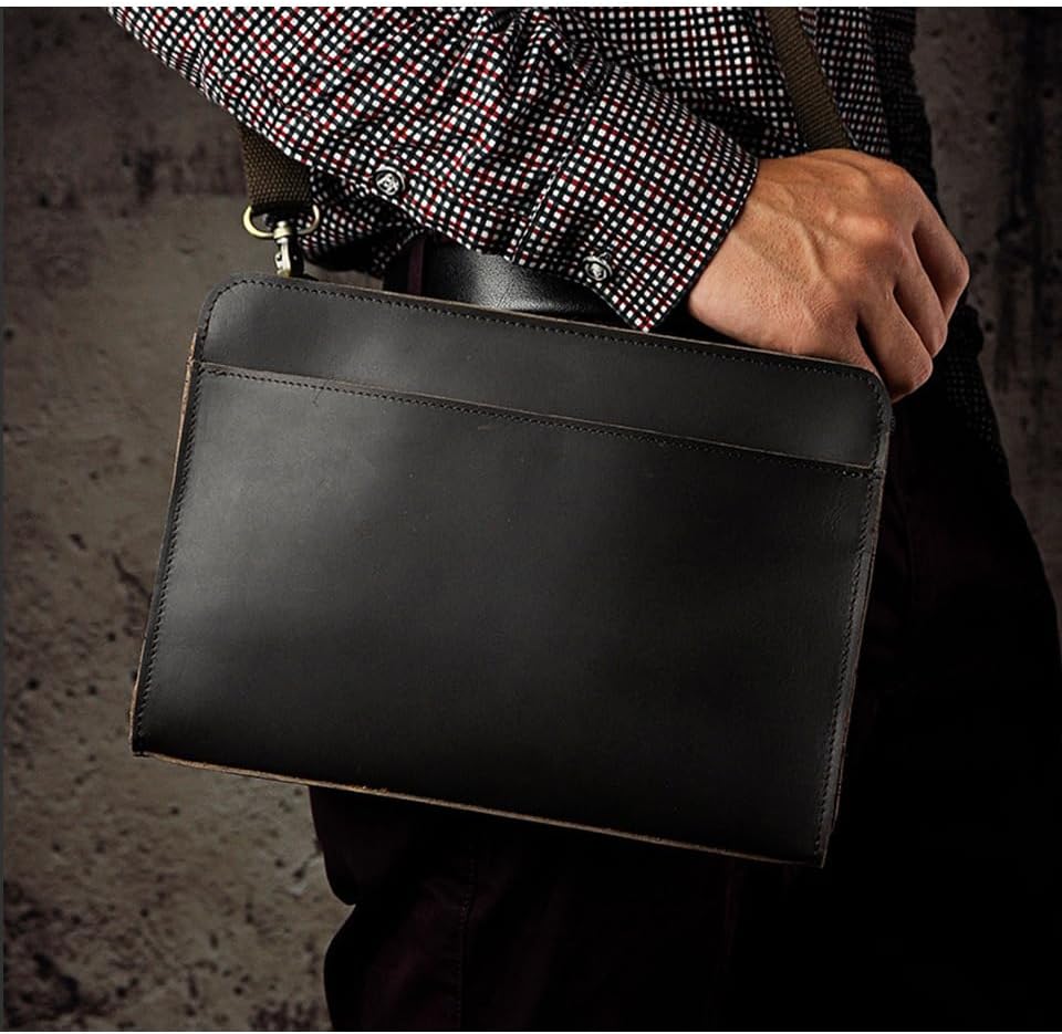 Vintage Crazy Horse Leather Business Briefcase - Under Arm Clutch Bag with Tablet Case & Organizer