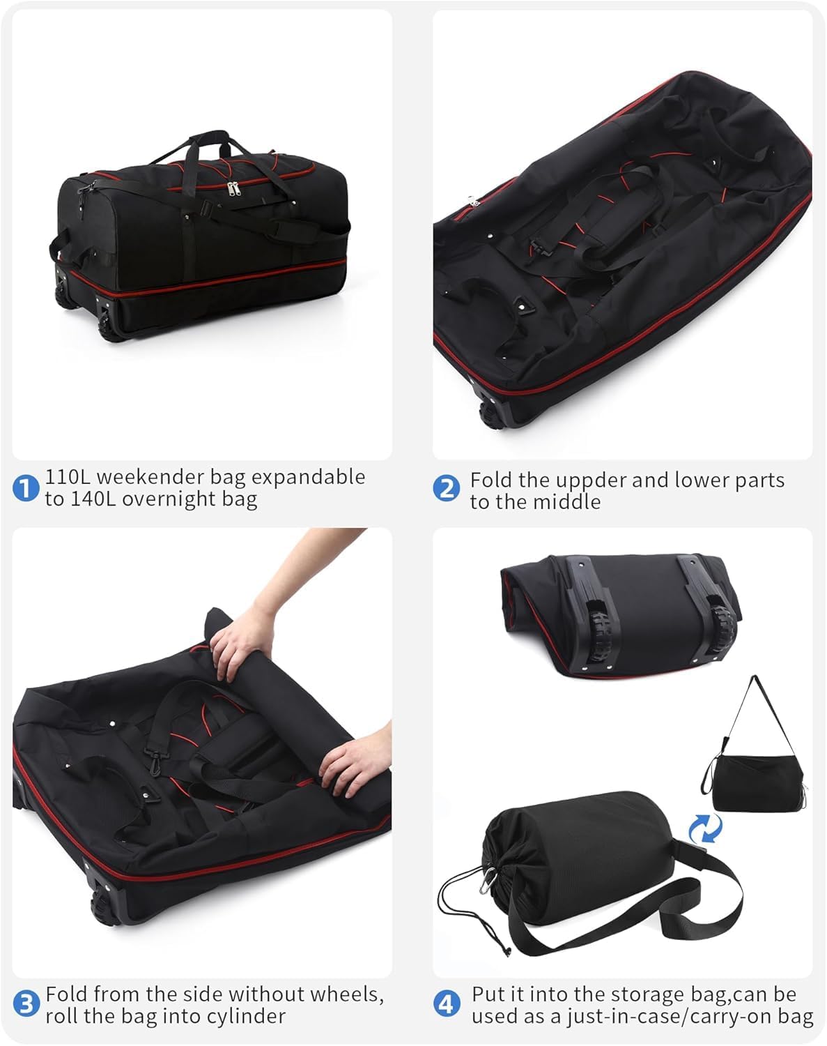 32" Soft-Sided Foldable Wheeled Travel Duffel Bag,Expandable 110L to 140L Rolling Cargo Bag with 2 Wheels and Multiple Pockets1 (Black Red)
