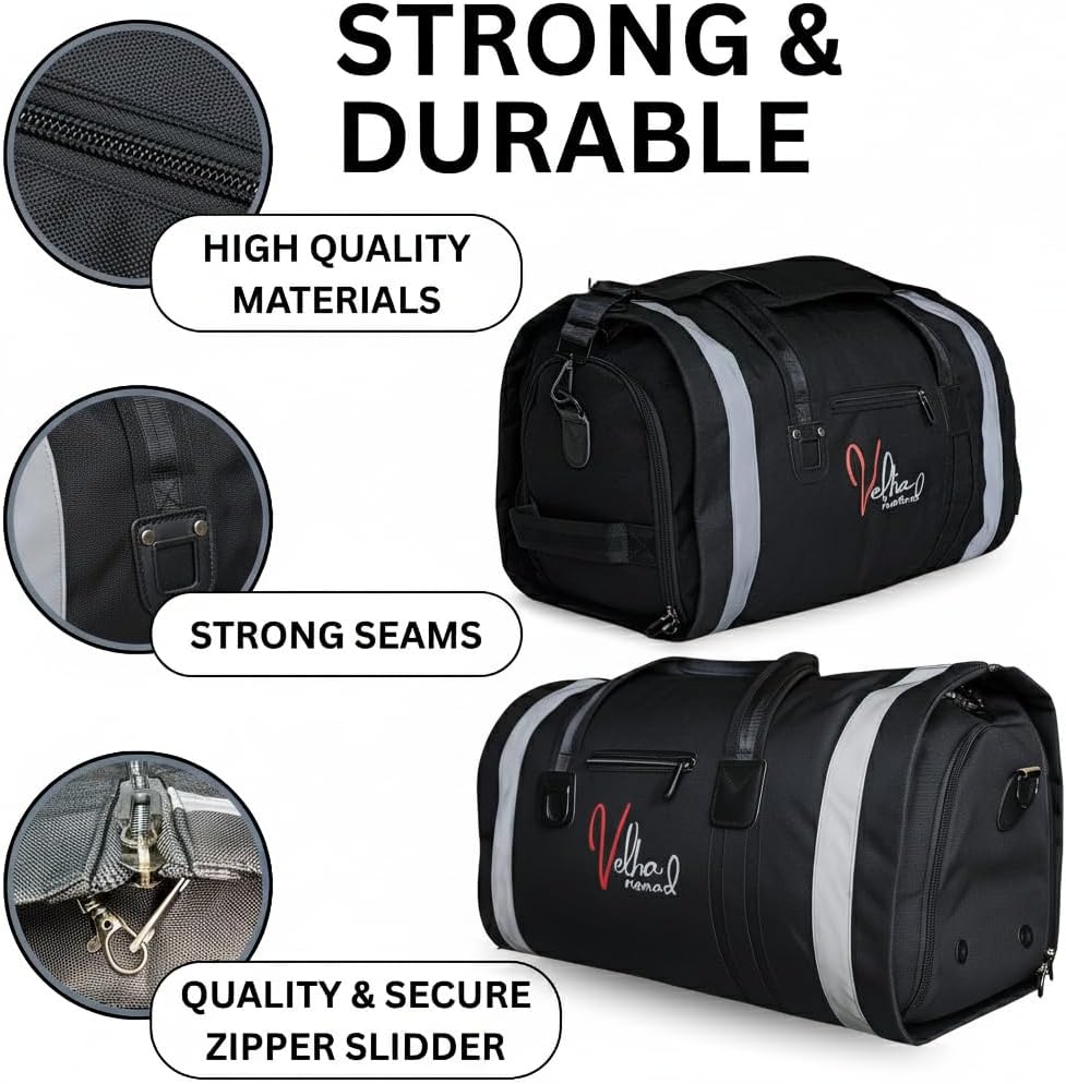 Convertible Garment & Duffel Bag – Airline Carry-On (53 L) • Reflective Safety Strips • Water-Resistant Polyester • 17″ Suitcase Sleeve • Shoe & Accessory Compartments for Travel and Gym
