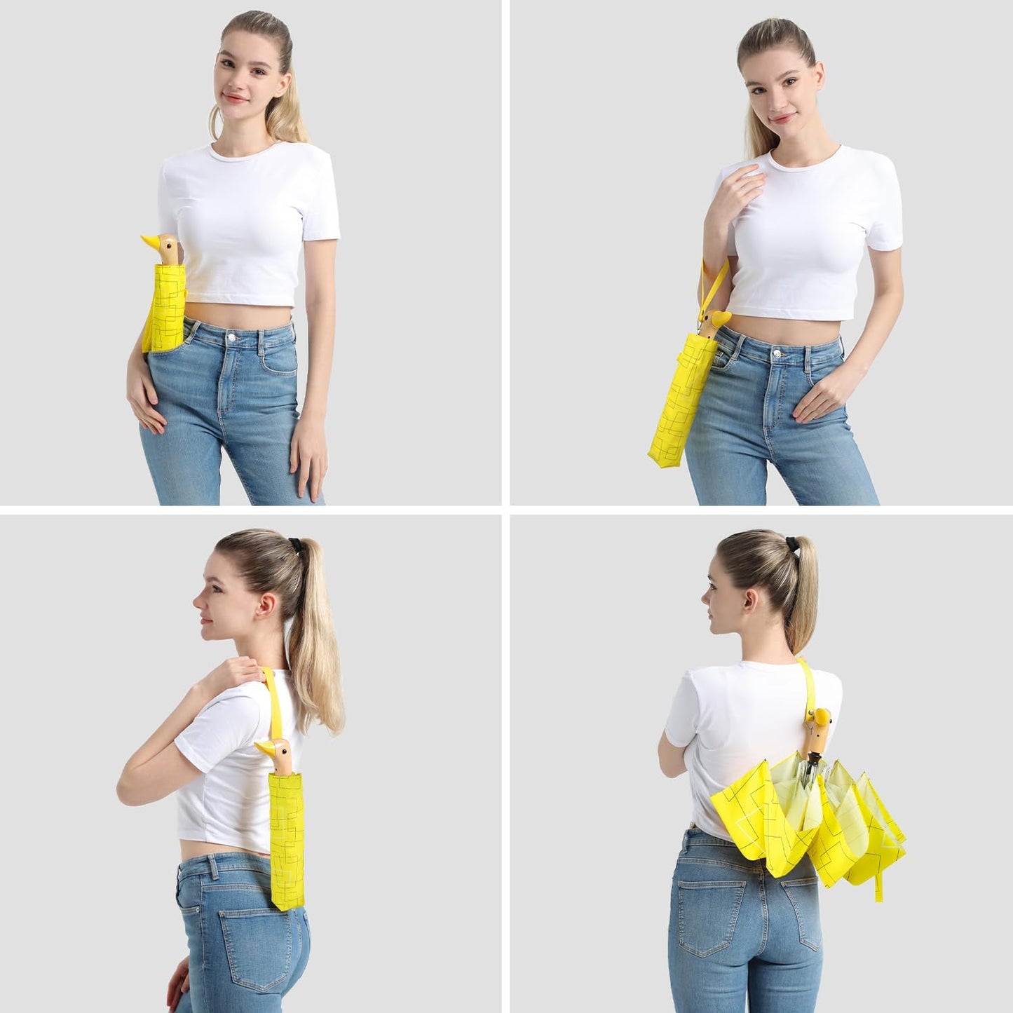 Cute Duck Umbrella Automatic - Compact Pretty Pocket Size Strong Duck Collapsible Umbrella Yellow Wooden Handle for Women