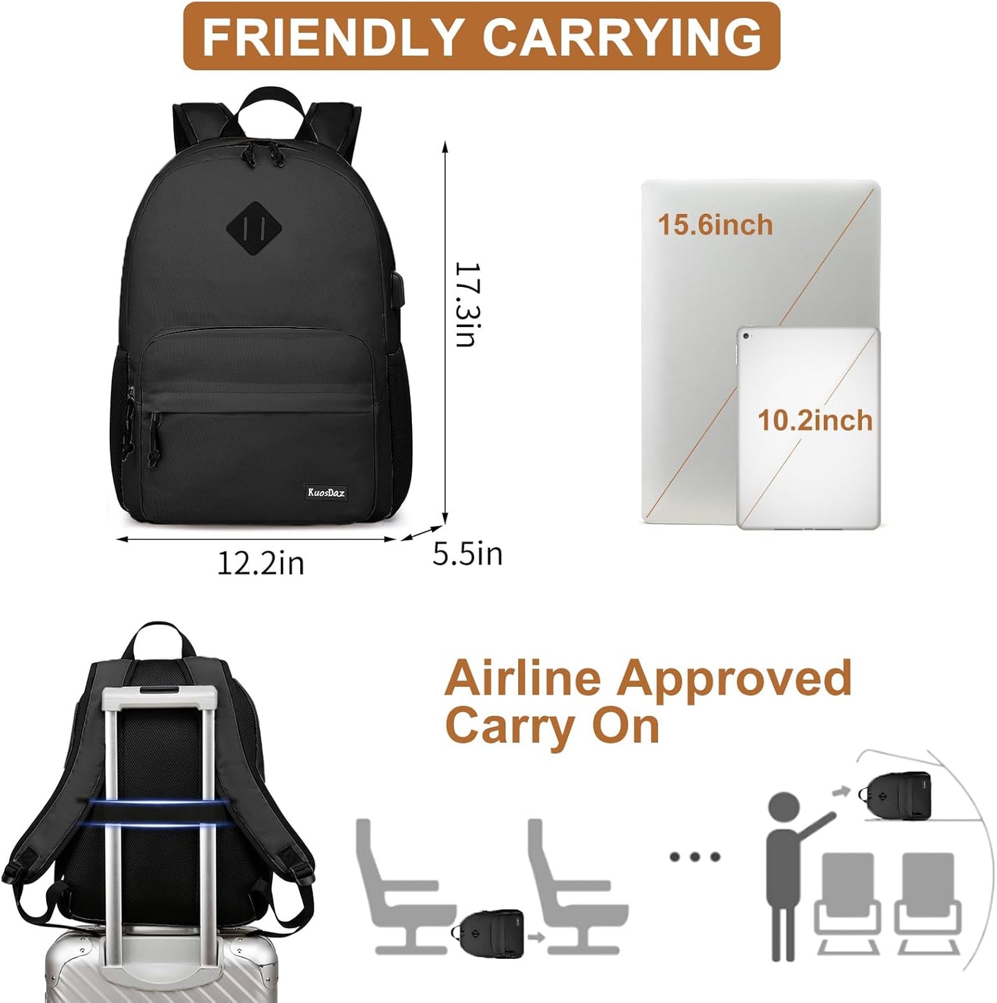 Black Backpack for School Teens Boys Girls, Lightweight Casual Backpacks for Men and Women, Classic Basic Water Resistant Casual Daypack, 15.6 Inch Laptop Bookbag for College High School Work Travel