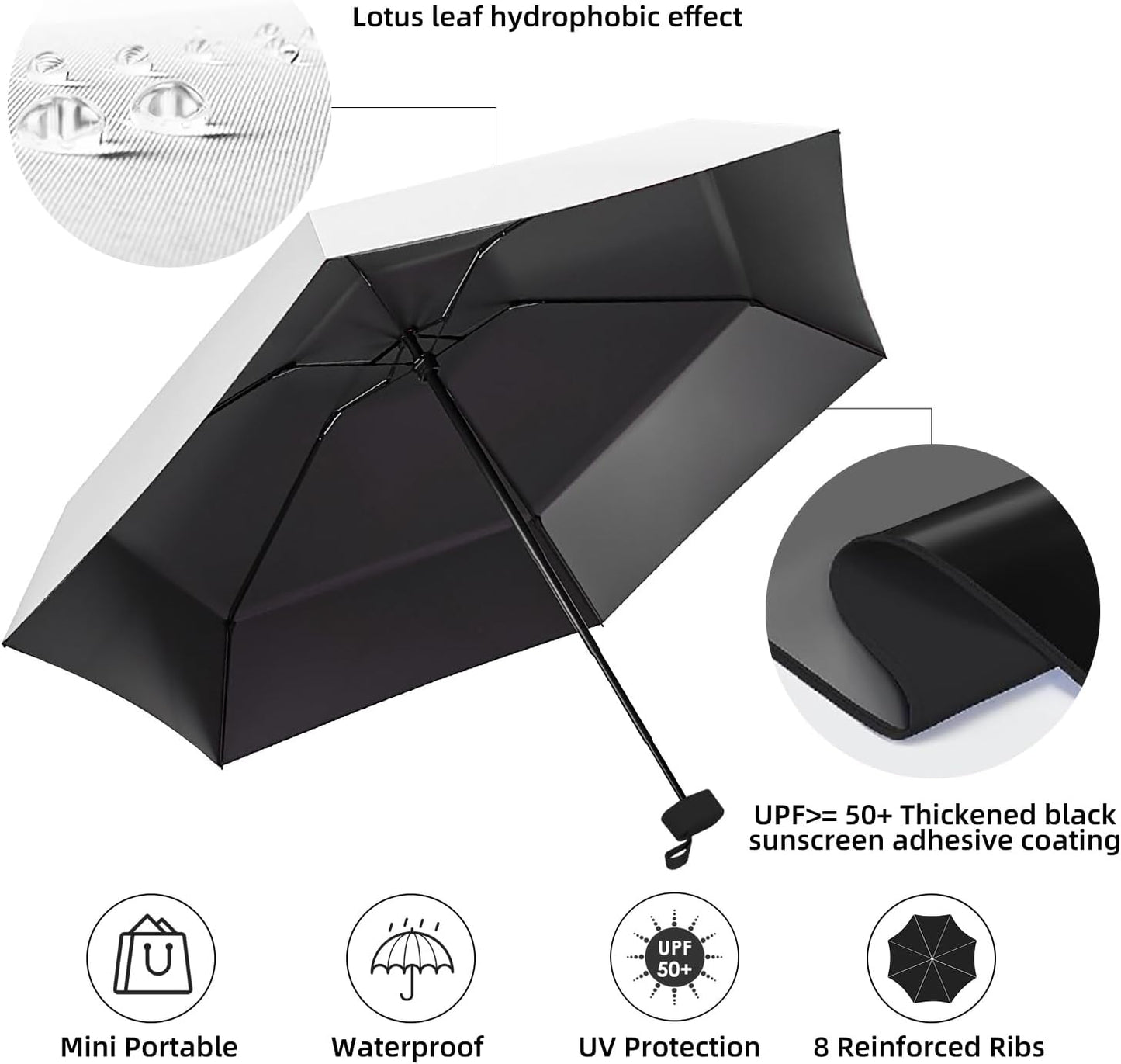 Travel Mini Folding Compact Umbrella with Case, 8 Ribs Lightweight Portable, Small Sun & Rain Pocket Umbrella for Girls and Women