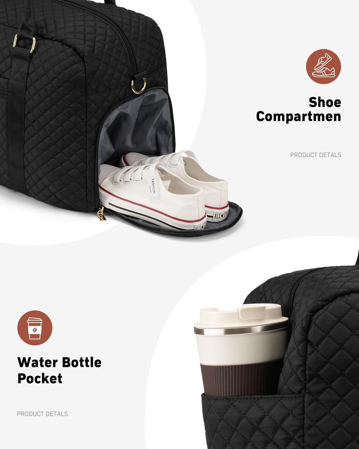 Travel Duffle Bag, Weekender Bags for Women with Shoe Compartment, Carry on Overnight Bag with Toiletry Bag & Wet Pocket, Hospital Bags for Labor and Delivery (Black)