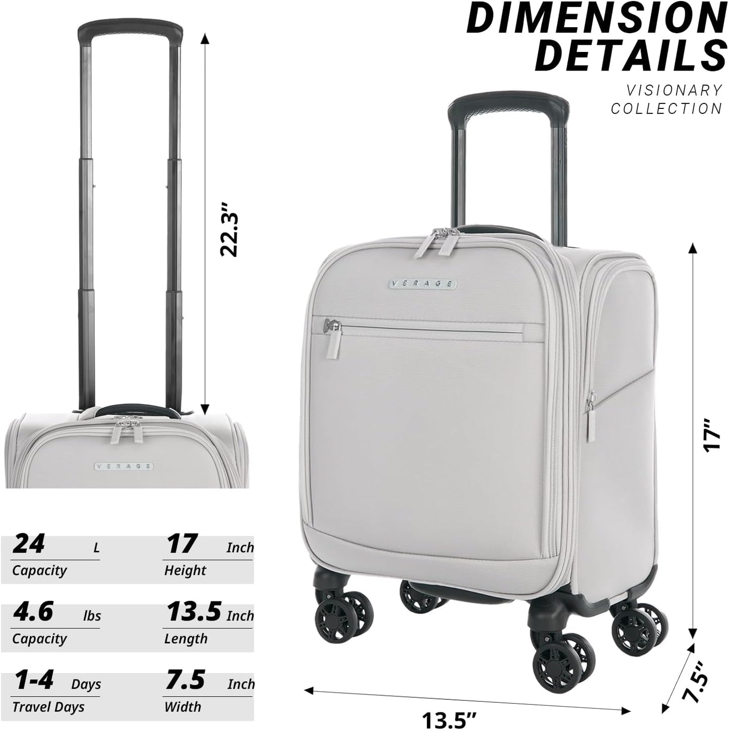 Verage Underseat Carry On Luggage with Wheels & USB Port,14 inch Cloud Gray Wheeled Spinner Carry-on Luggages Bags for Airlines, Lightweight Overnight Suitcase for Men Women