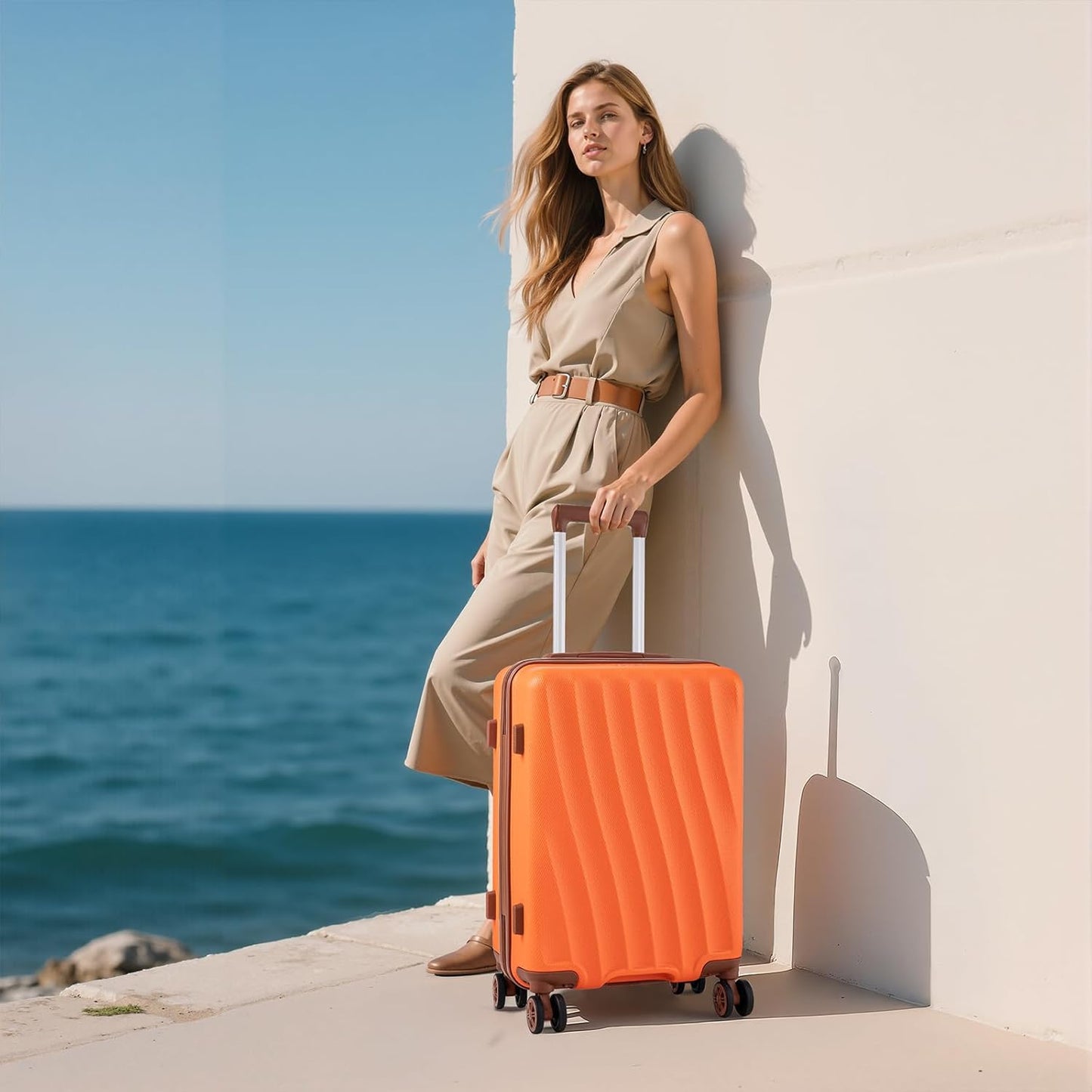 Carry on Luggage Sets 22x14x9 Airline Approved Durable Travel Luggage Suitcases with Wheels,ABS Hard Case Suitcases with Spinner Wheels,(Orange,3 Piece Sets(20"/DB/TB))