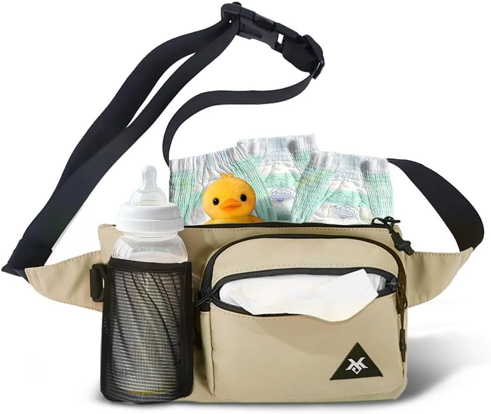 small fanny pack diaper bag,for women,with water bottle holder and tissue pocket,lightweight adjustable transverse nylon waist bag,for travel,picnic,daily use,khaki
