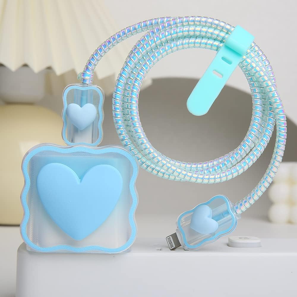 Compatible with iPhone 18W/20W USB-C Charger Cover Lovely 3D Love Heart Waves Clear Soft Charger Protector Cute Cable Saver for iPhone 11 12 13 14 Pro Max Fast Power Adapter, Blue 1 (5in1)