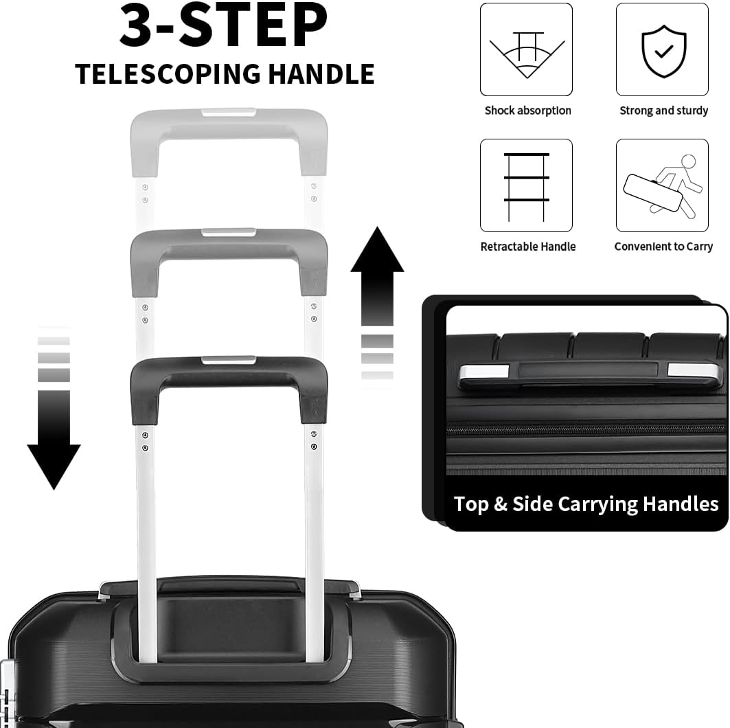 Somago Luggage Sets and Packing Cube Travel Set Lightweight Hardside Polypropylene Suitcases with Double Spinner Wheels and TSA Lock,Classic Black