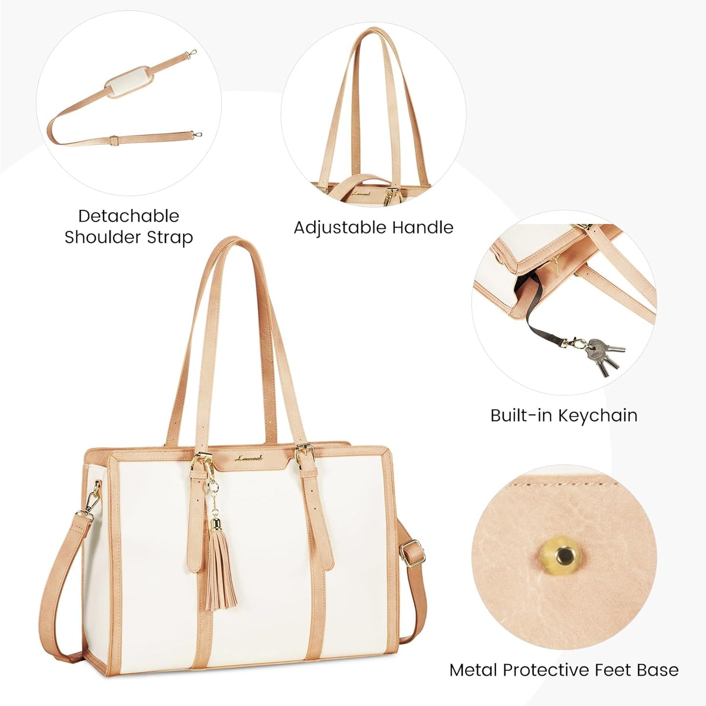 LOVEVOOK Laptop Bag for Women 15.6 inch Lightweight Canvas Laptop Tote Bag, Large Capacity Computer bag with Clutch Purse for Business, Work, Office, Travel, School（Pearl White & Beige，15.6 Inch）