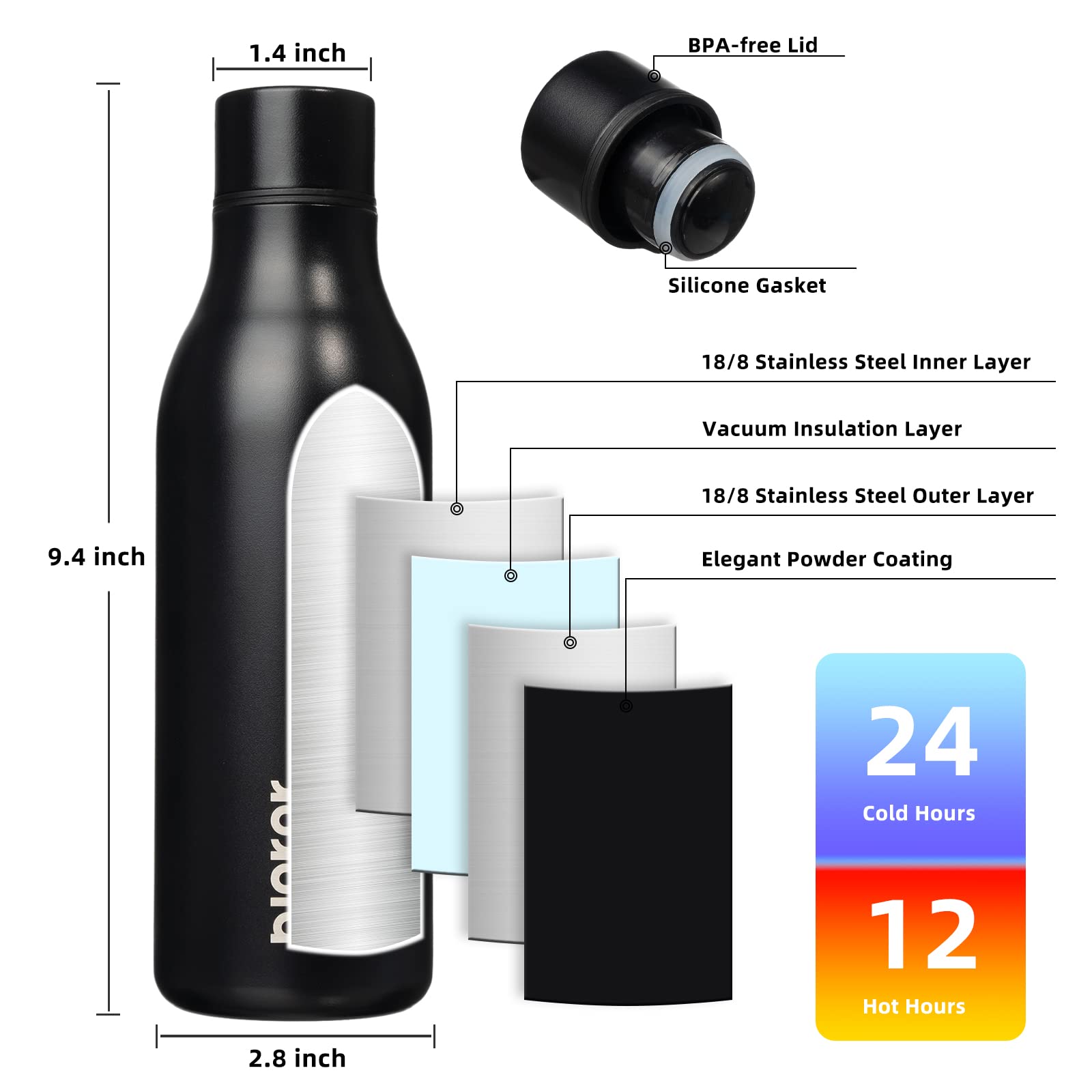 BJPKPK 18oz Insulated Water Bottle, Stainless Steel Bottle with Carry Strap