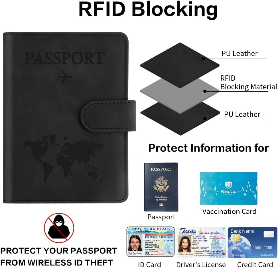 Passport Holder for Travel, Passport Cover Wallet, Premium PU Leather Passport Book Card Holder Case for Women Men, Waterproof RFID Blocking Flying Travelling Essentials Vacation Must Haves, Black