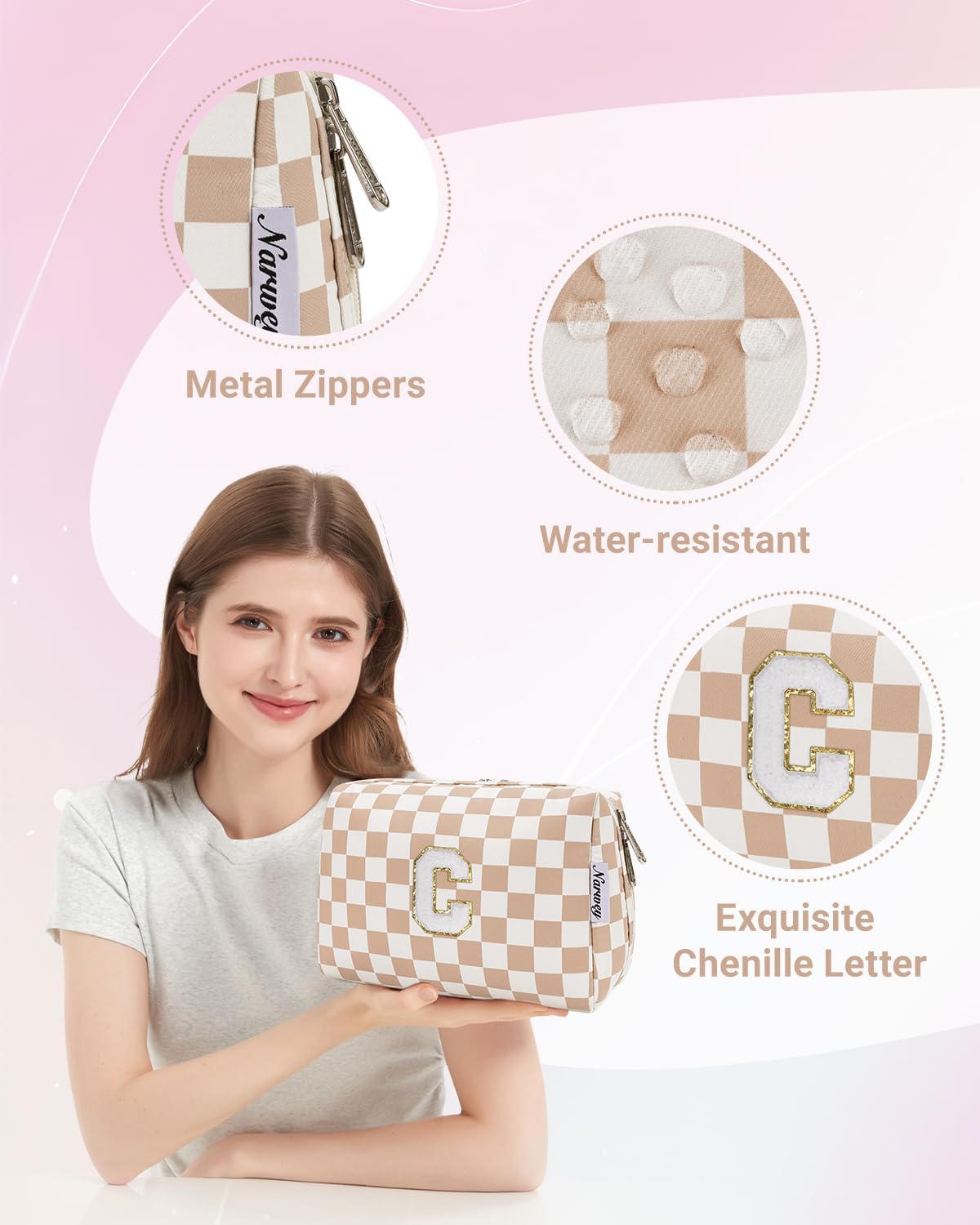 Narwey Birthday Gifts for Women Teen Girls Kids Personalized Initial Checkered Makeup Bag Cute Cosmetic Bag Trendy Stuff 6 8 10 11 12 13 14 16 18 Years Old Travel Toiletry Bag (Brown Letter C)