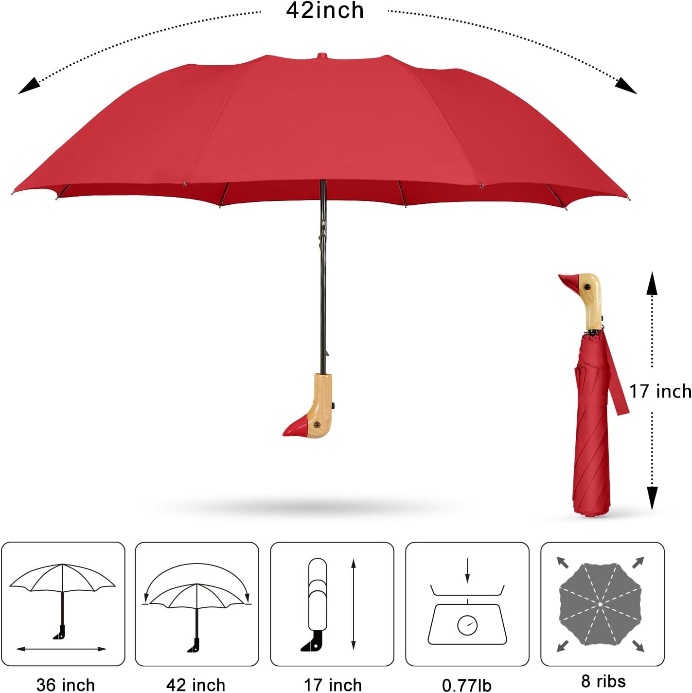 Duck Handle Umbrella Kids - Compact Portable Folding Lightweight Small Strong Wooden Duck Windproof Travel Umbrella for Kids Gifts