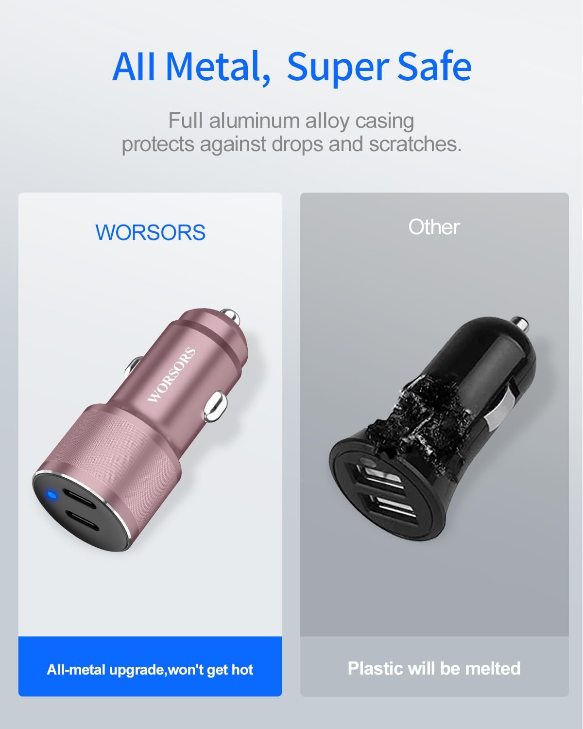 Dual 45W USB C Car Charger, 90W Max Super Fast Charging, All Metal 12V Cigarette Lighter Adapter for iPhone 17 Pro Max/16/15/iPad, Samsung Galaxy S25/S24, Google Phones with 2 Type C Cable 3.3ft Pink