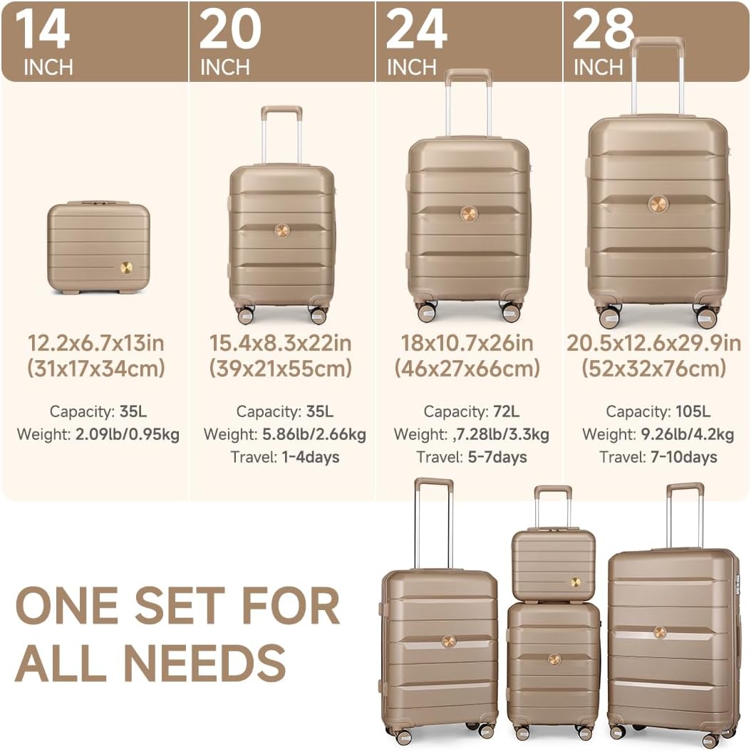 Somago Luggage Sets and Packing Cube Travel Set Lightweight Hardside Polypropylene Suitcases with Double Spinner Wheels and TSA Lock,Noble Golden