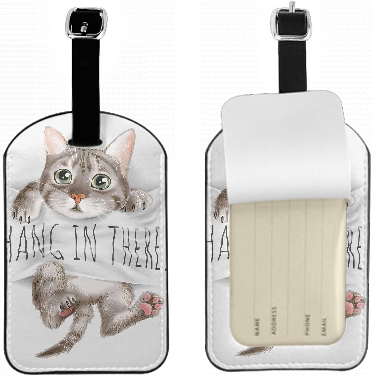 Cute Cat Hand On Sign Travel Baggage Bag Tags Quote Hand in There Cartoon Kitty Luggage Tags Travel Suitcase Tags with Name ID Card for Luggage Suitcase Schoolbag Lunchbag, 1 Pack